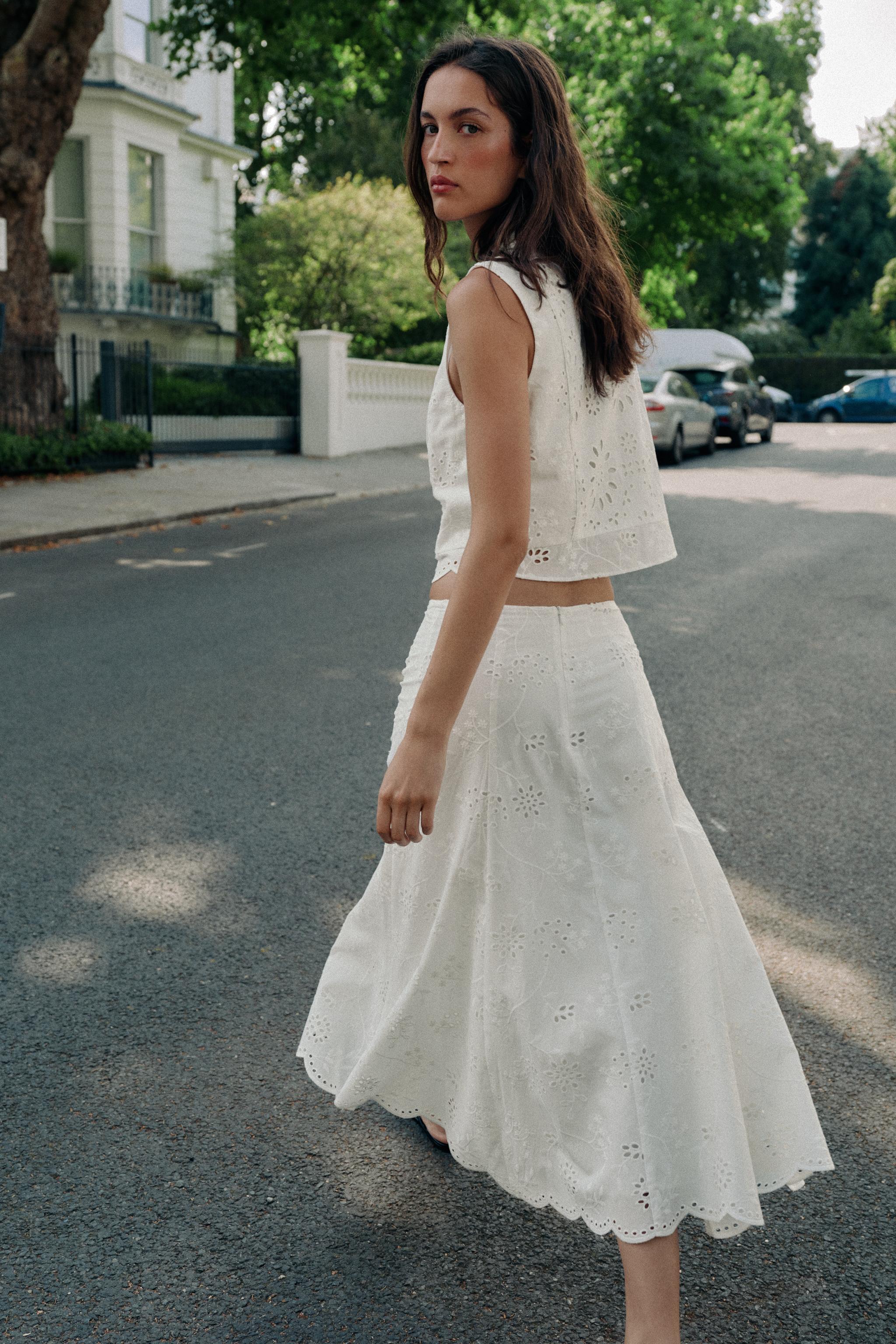 EMBROIDERED EYELET MIDI SKIRT